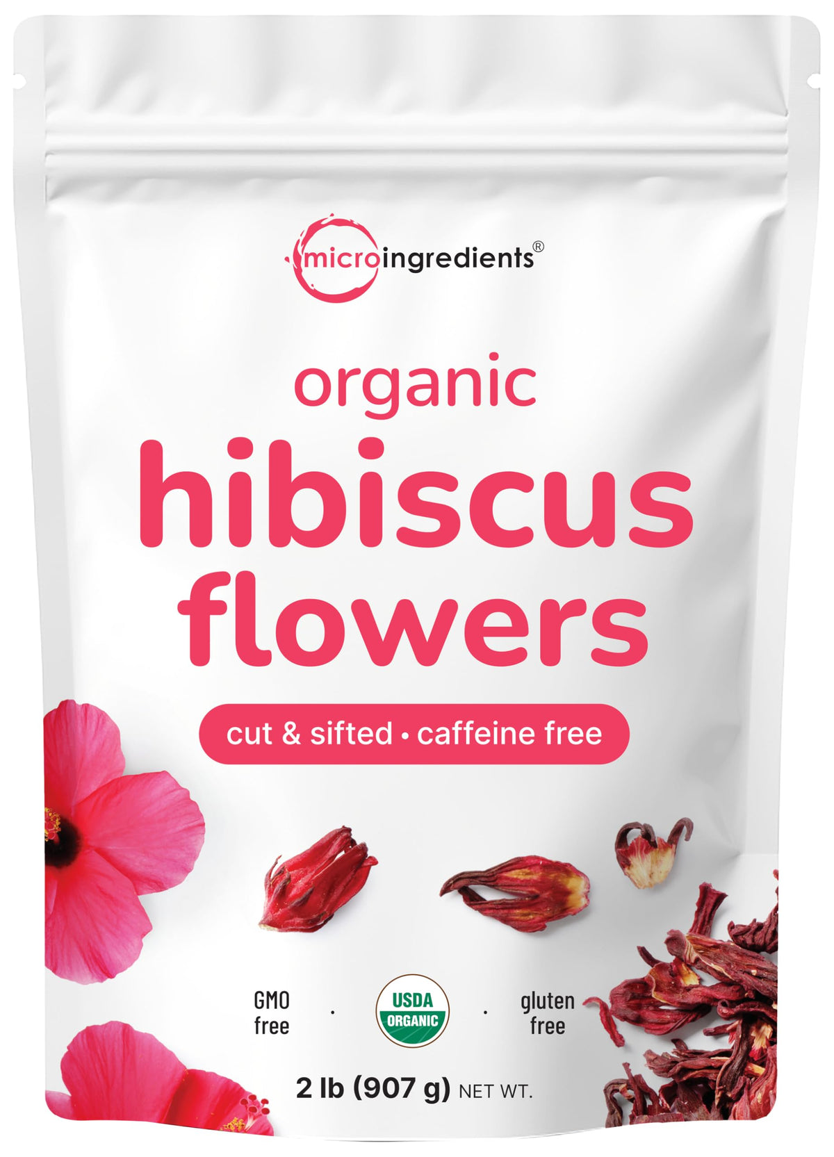 Micro Ingredients organic hibiscus flowers in a 2lb bulk pack