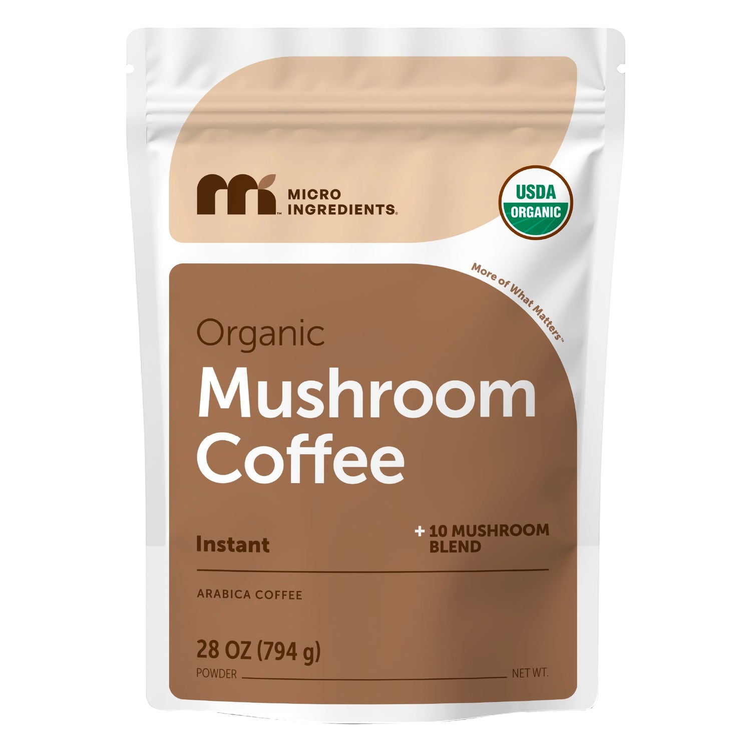 Micro Ingredients Organic Instant 10 in 1 Mushroom Coffee pouch for daily brewing with smooth flavor and focus.