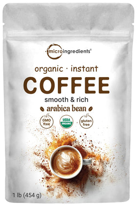Micro Ingredients organic instant coffee 1lb pouch with a rich aroma ready to brew.