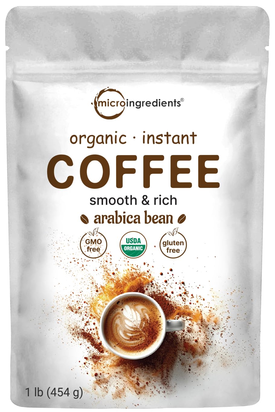 Micro Ingredients organic instant coffee 1lb pouch with a rich aroma ready to brew.