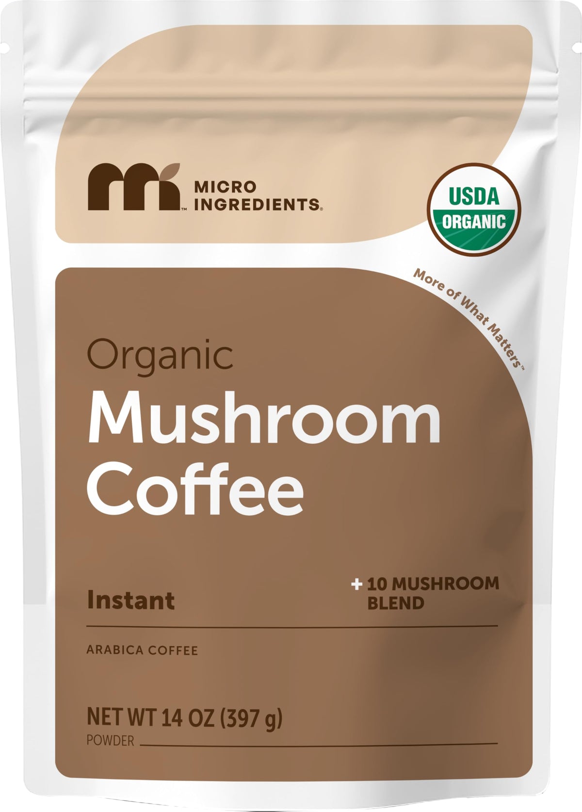 Micro Ingredients organic instant mushroom coffee bag beside a steaming cup for a smooth start.