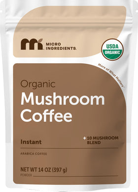 Micro Ingredients organic instant mushroom coffee bag beside a steaming cup for a smooth start.