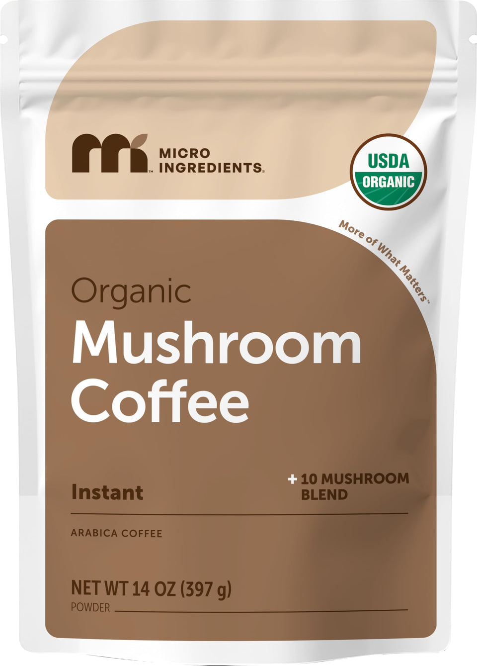 Micro Ingredients organic instant mushroom coffee bag beside a steaming cup for a smooth start.