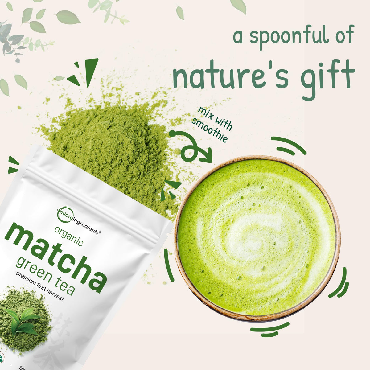 Micro Ingredients Matcha powder poured into a smoothie, ready to blend.