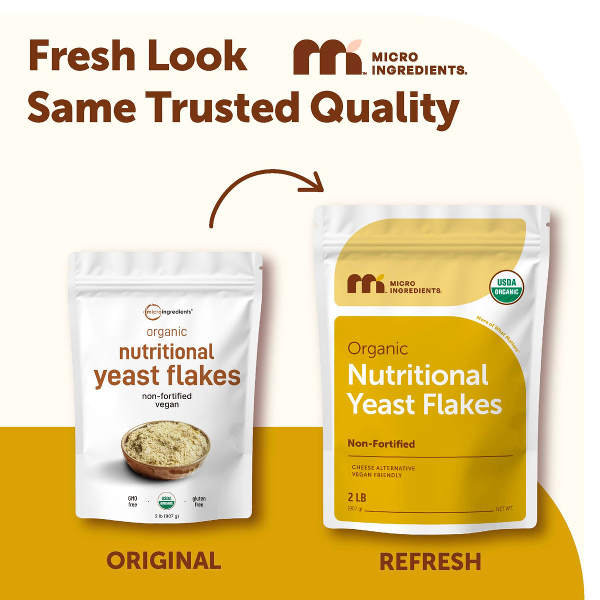 Micro Ingredients nutritional yeast flakes bag and label highlight clean, non-GMO, gluten-free ingredients.