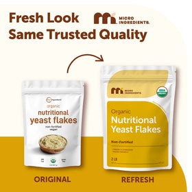 Micro Ingredients nutritional yeast flakes bag and label highlight clean, non-GMO, gluten-free ingredients.