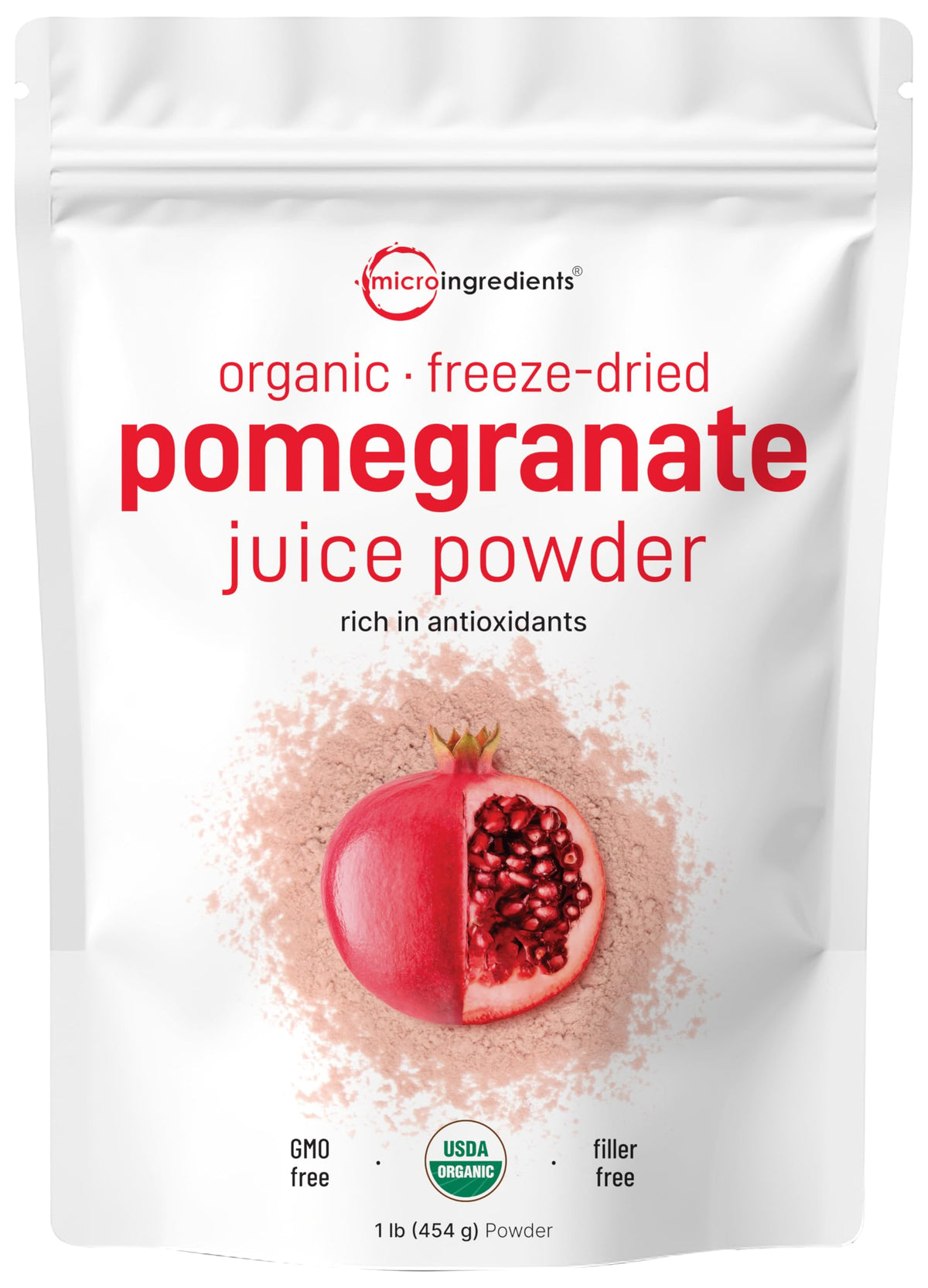 Micro Ingredients Organic Pomegranate Juice Powder pouch ready for shakes and smoothies.