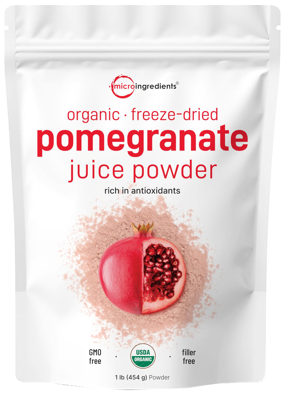 Micro Ingredients Organic Pomegranate Juice Powder pouch ready for shakes and smoothies.