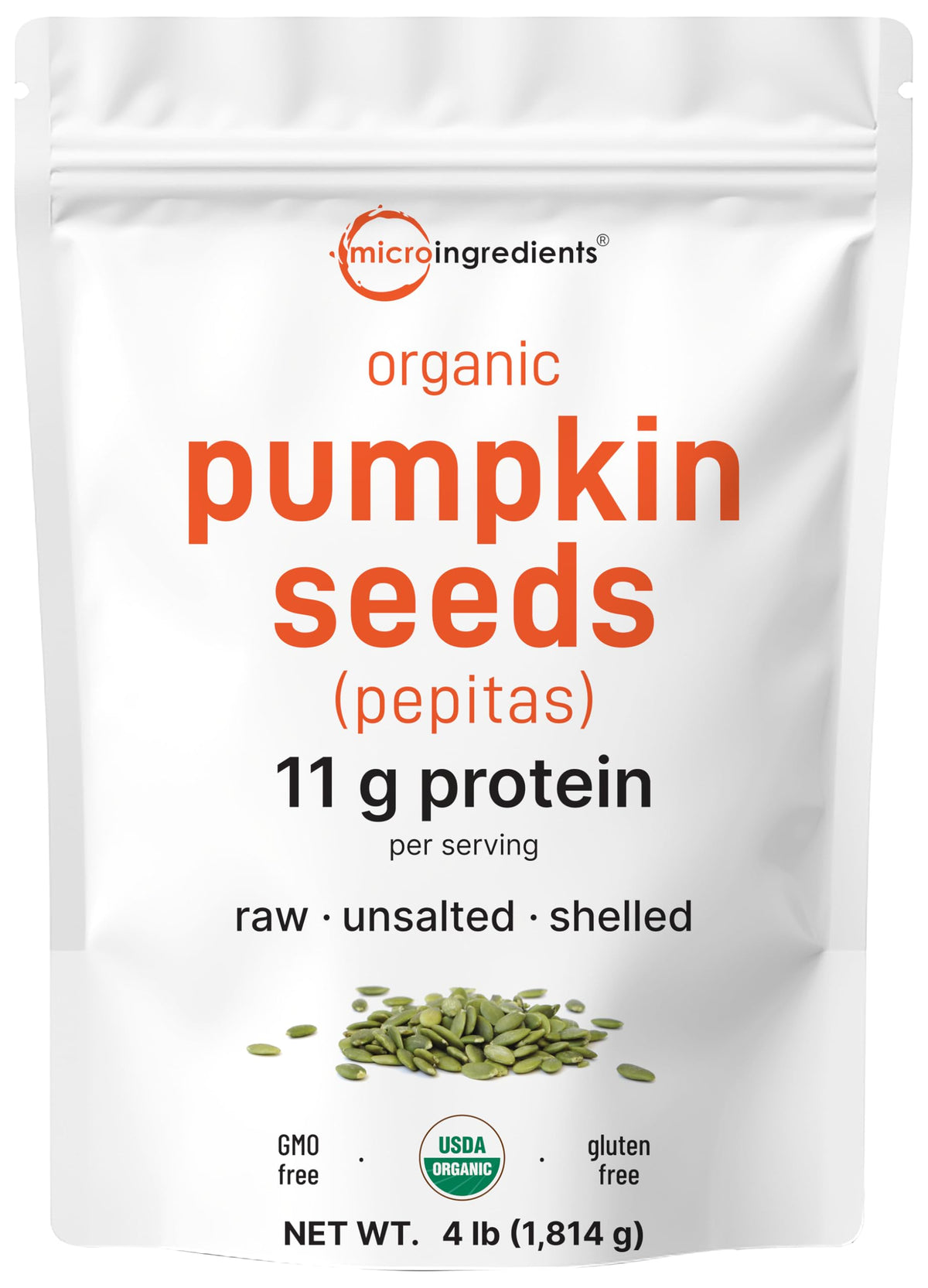 Micro Ingredients Organic Pumpkin Seeds shelled in a 4lb pouch for cooking and snacking.