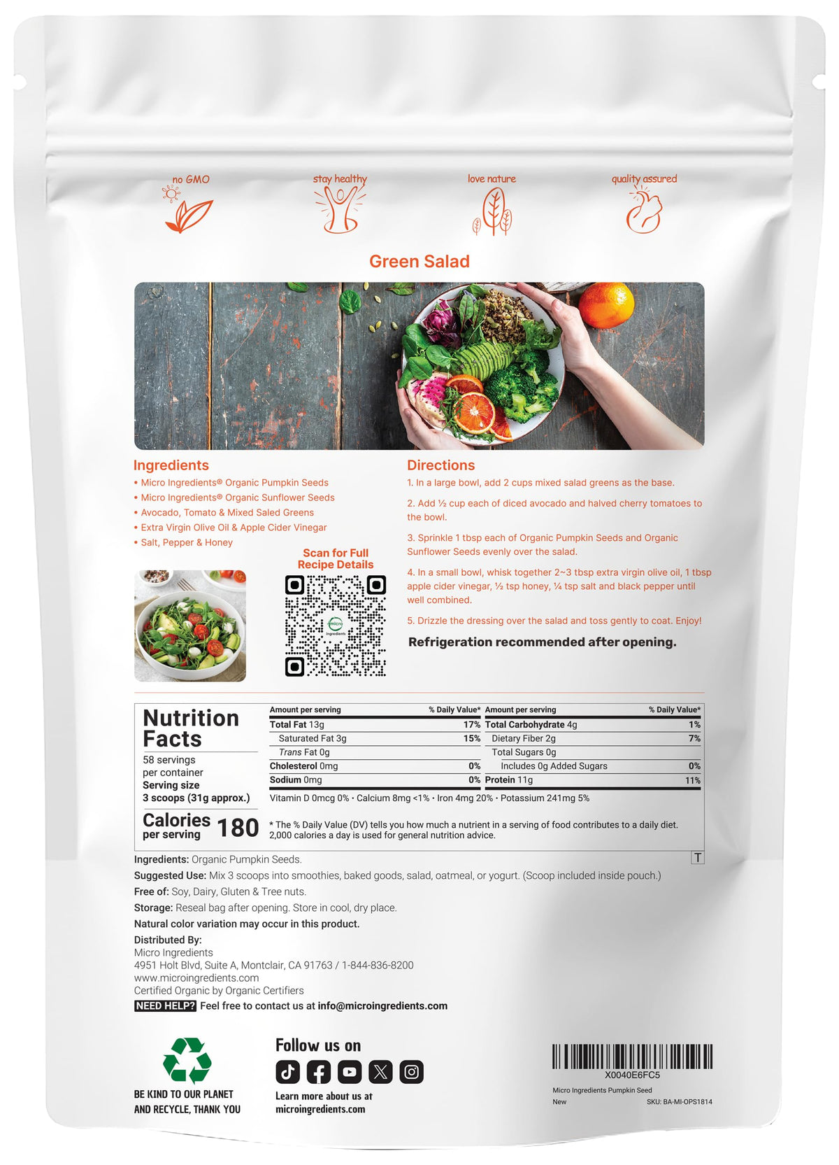 Micro Ingredients Organic Pumpkin Seeds raw unsalted ready for smoothie bowls and salads.