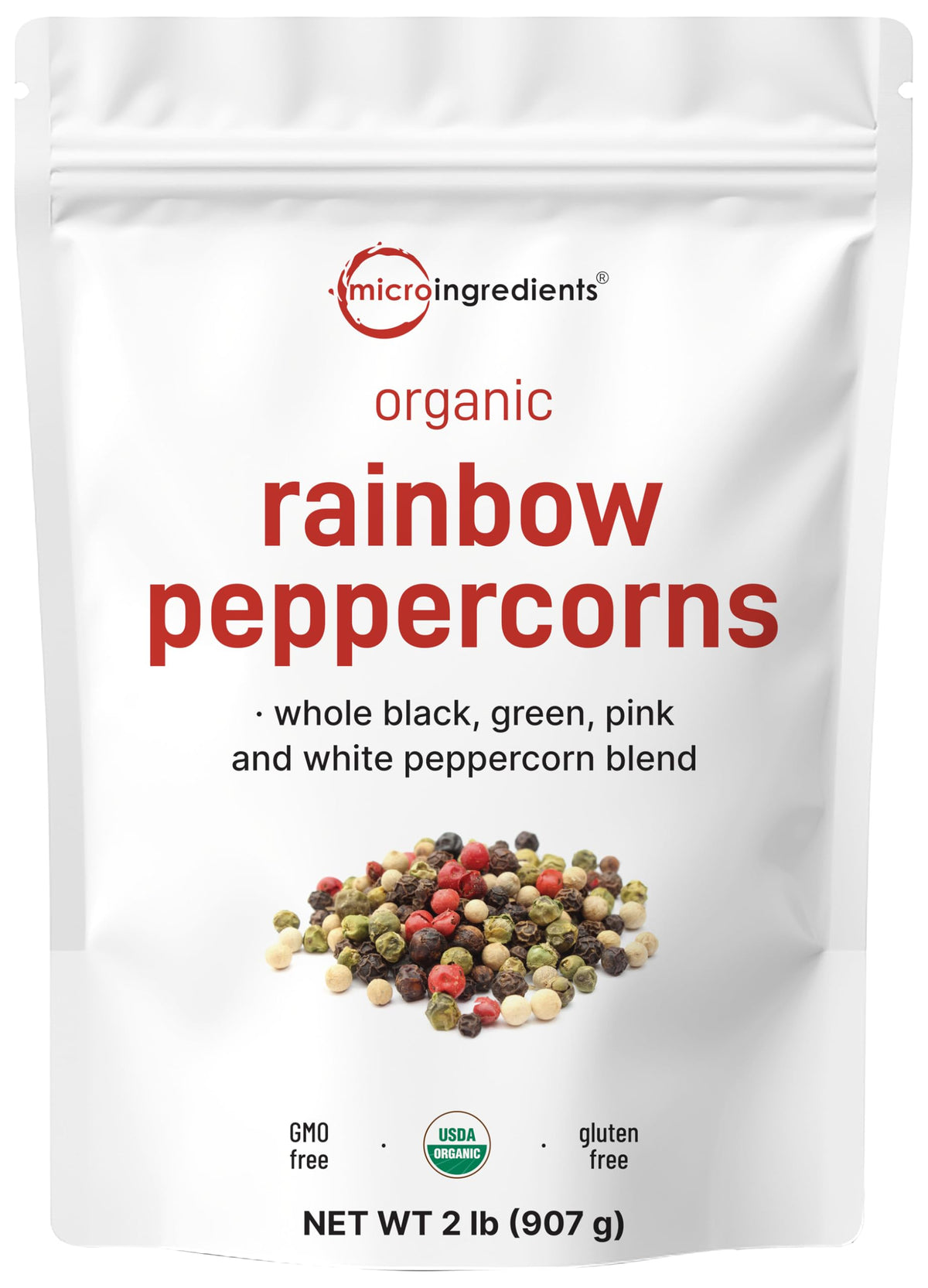 Micro Ingredients Organic Rainbow Peppercorns in a jar boost flavor and color in any dish.