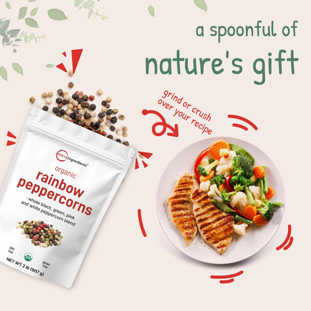 Micro Ingredients Organic Rainbow Peppercorns packaging label communicates non-GMO, additive-free quality.