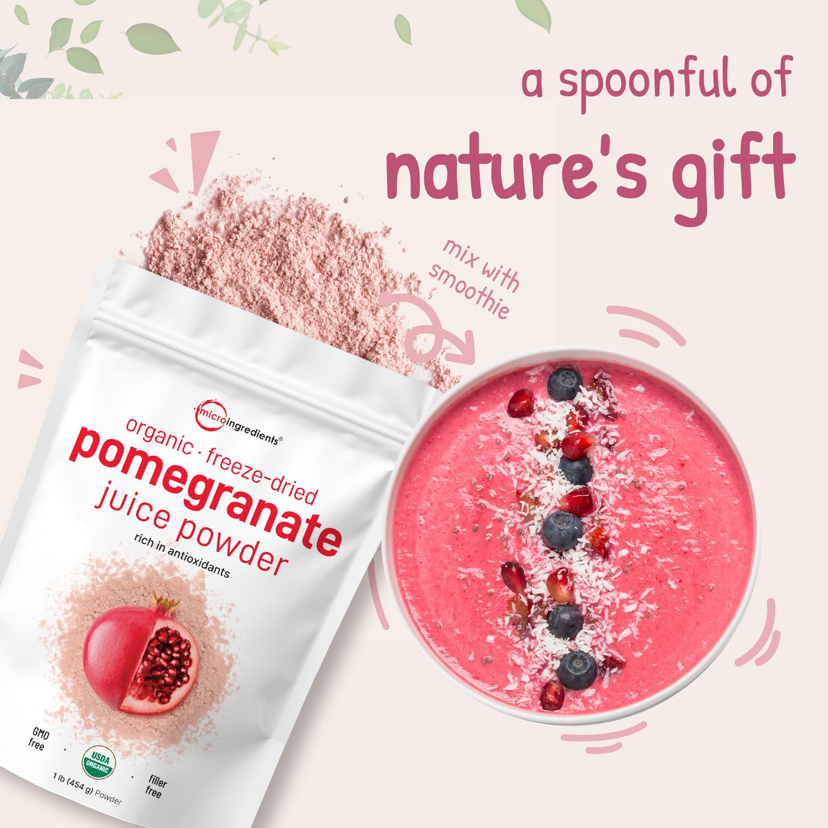 Micro Ingredients pomegranate powder being poured into a glass for beverages.