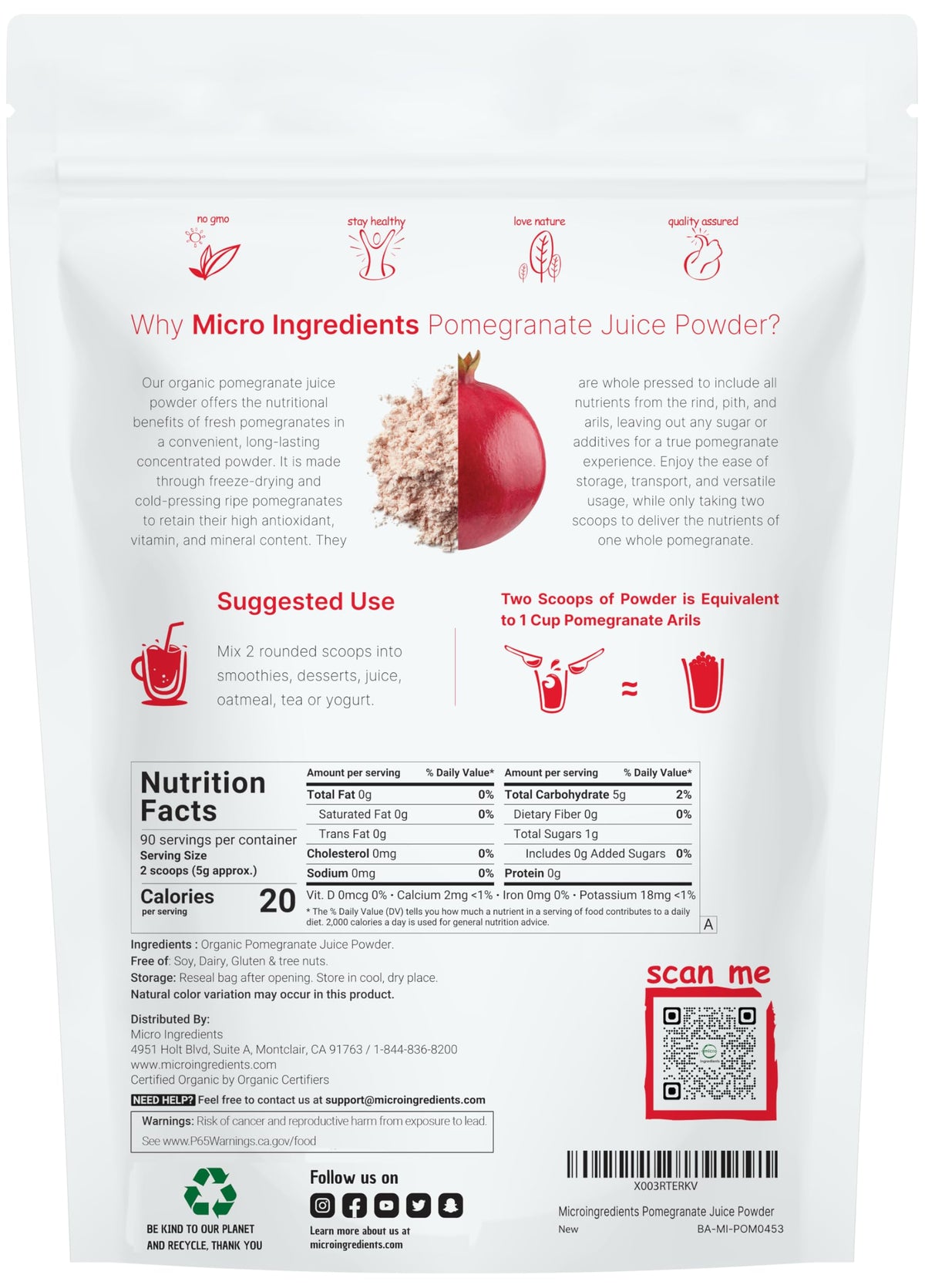 Micro Ingredients pomegranate powder scoop for precise measurement in drinks.