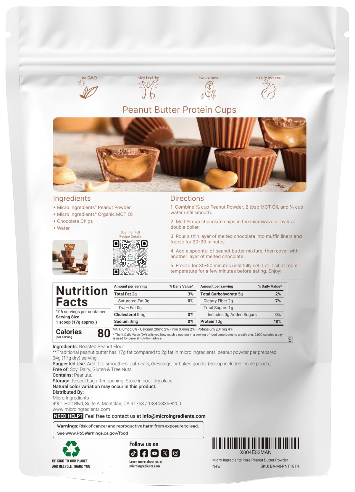Micro Ingredients Pure PB peanut powder scoop demonstrates easy portioning for shakes.