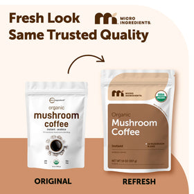 Micro Ingredients 10-mushroom blend label on jar highlights premium organic ingredients.