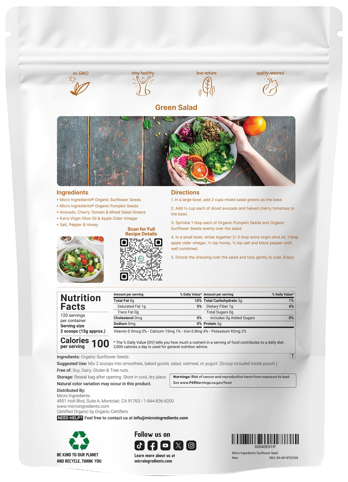 Micro Ingredients sunflower seeds in bulk 4-lb pouch ready for salads and toppings.