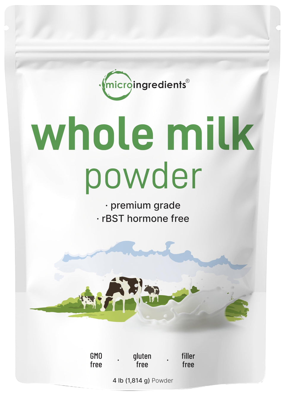 Micro Ingredients Whole Milk Powder pouch shows pasture-raised quality for everyday use.