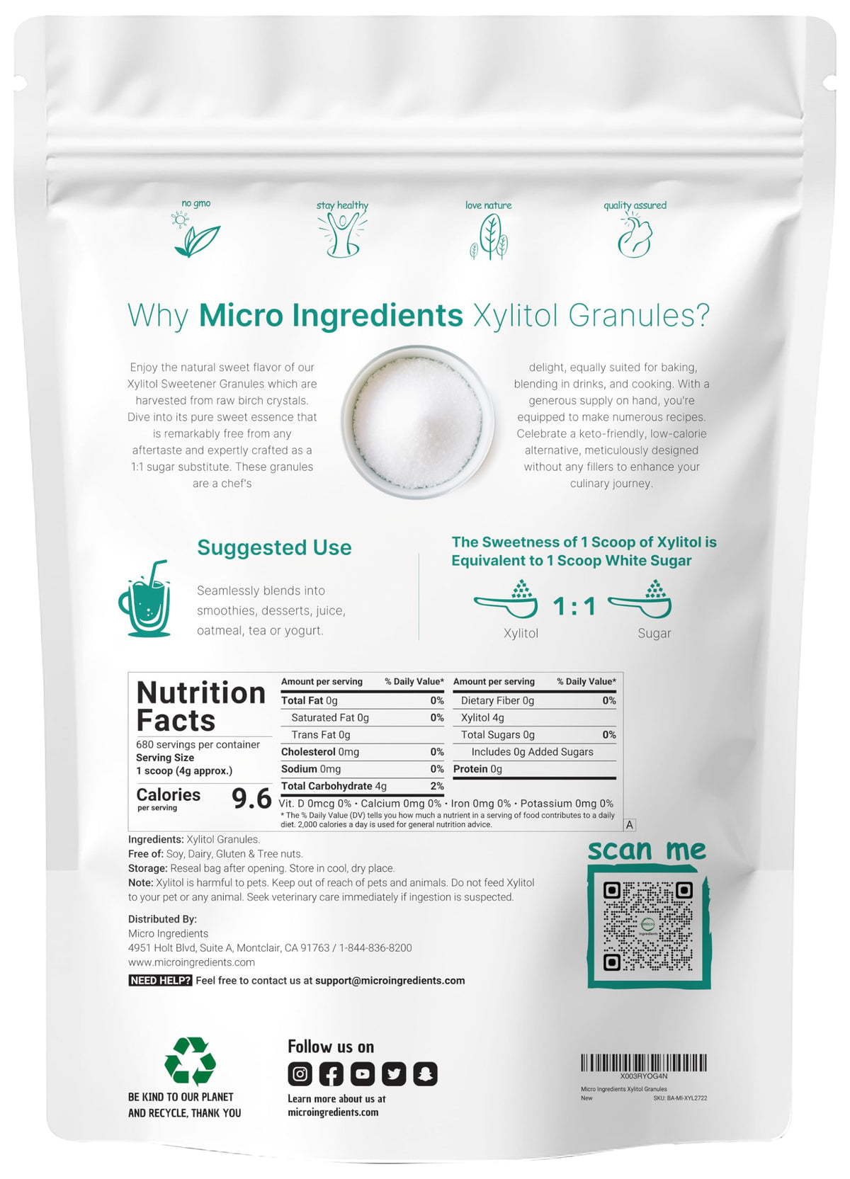 Micro Ingredients Xylitol scoop included for precise measurement in recipes.