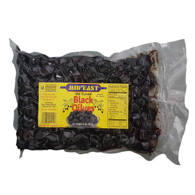 Mid East Oil Cured Moroccan Black Olives jar close-up, ideal for bold antipasti