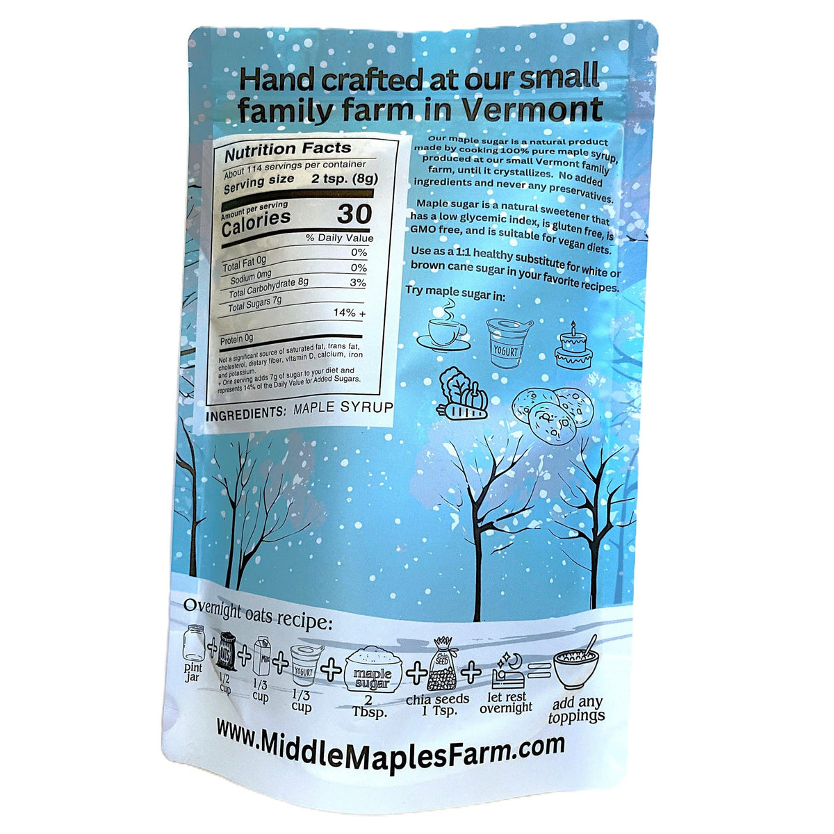 Close-up of Middle Maples Farm powdered maple sugar highlighting fine texture for baking.