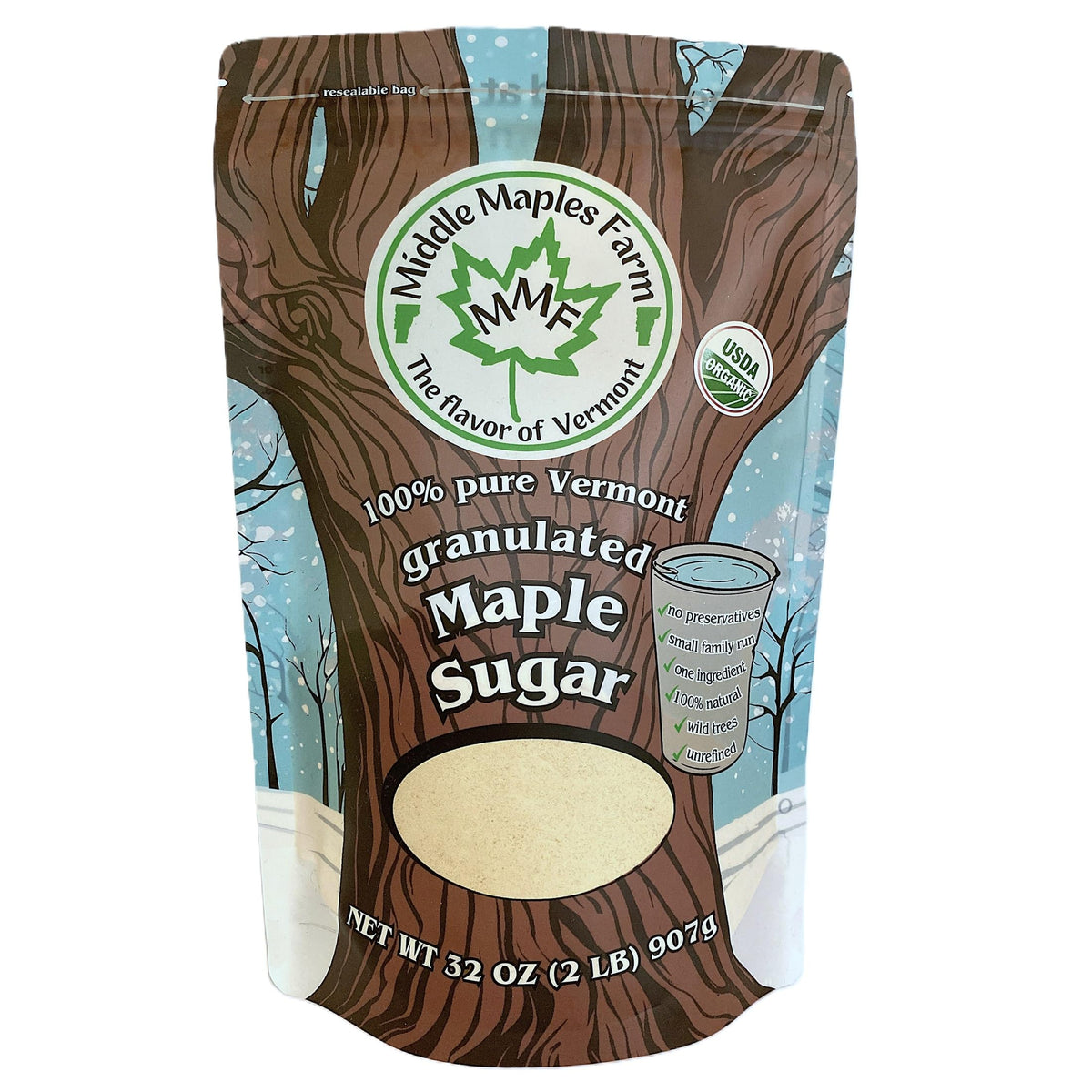Middle Maples Farm Vermont maple sugar packaging showcases premium organic sweetness for baking.