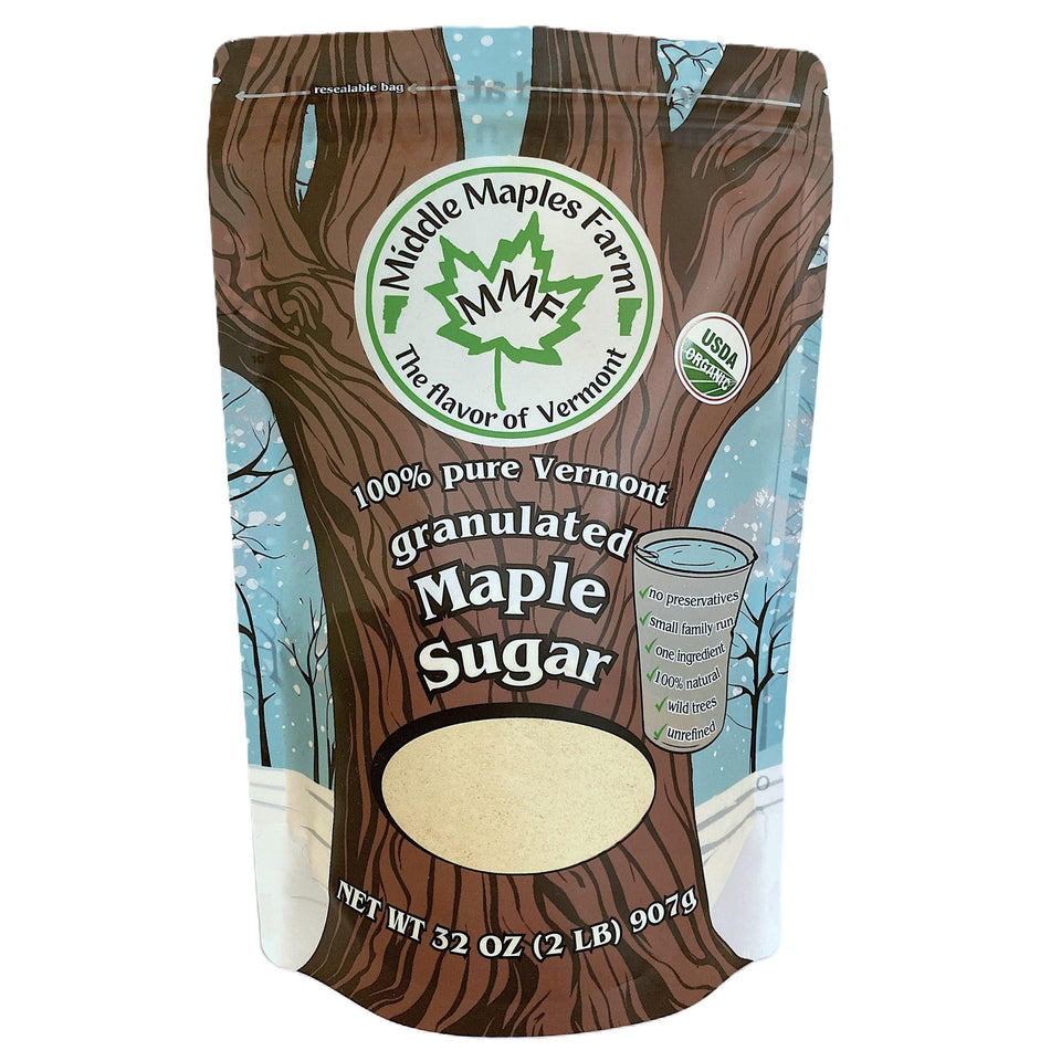Middle Maples Farm Vermont maple sugar packaging showcases premium organic sweetness for baking.