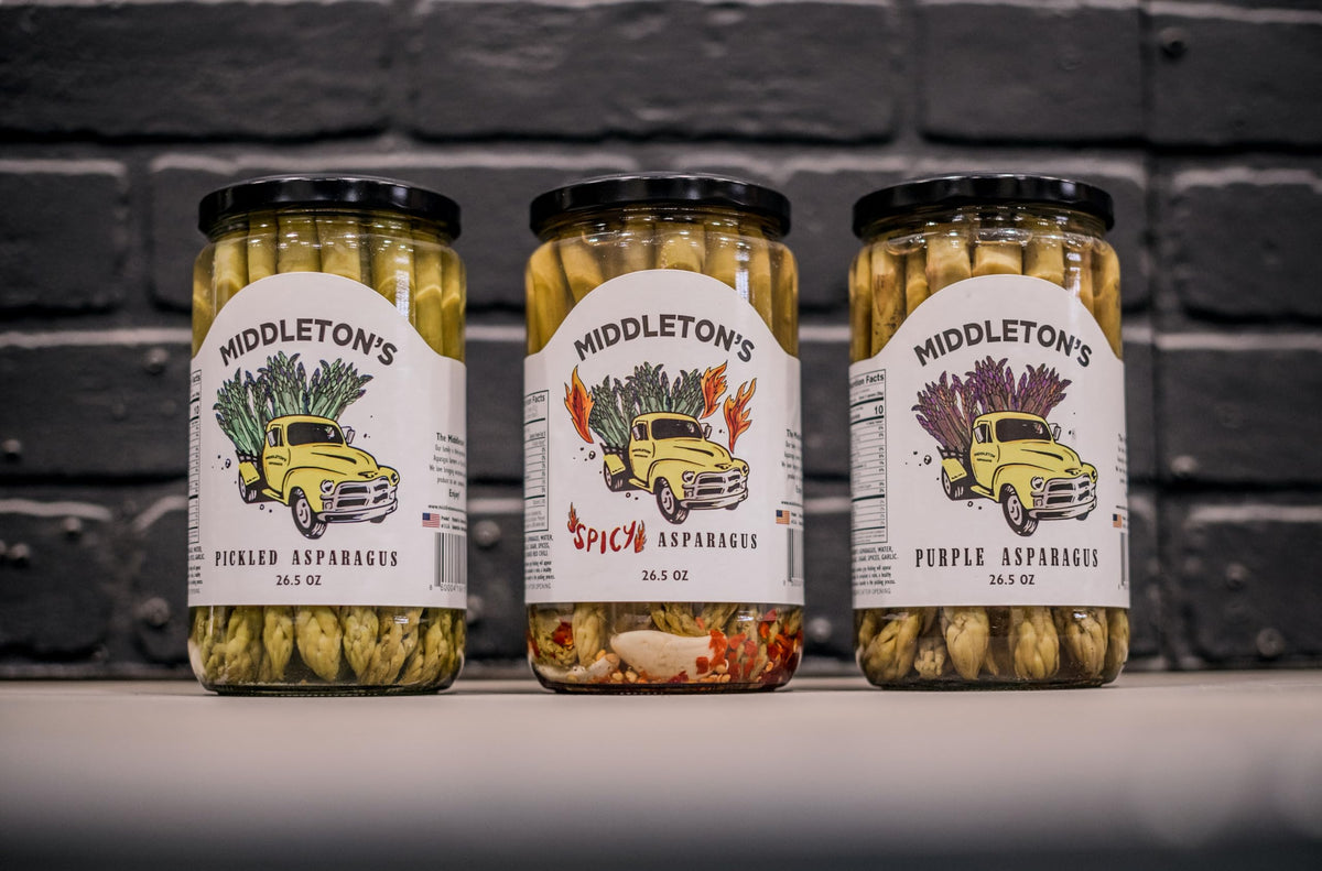 Middleton's farm-direct pickled asparagus from Pasco, WA, ensuring farm-to-table freshness.