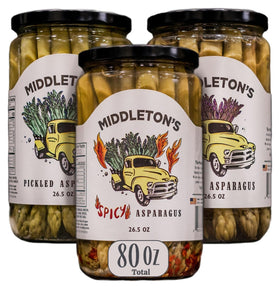 Middleton's pickled asparagus green jar on a snack board, crisp and tangy.