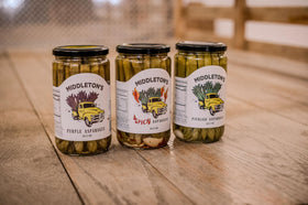 Close-up of Middleton's pickled asparagus jar, crisp spears and bright brine.