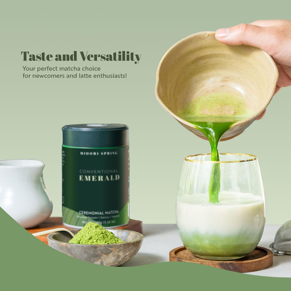 Midori Spring Emerald matcha powder close-up highlights vibrant color and premium texture