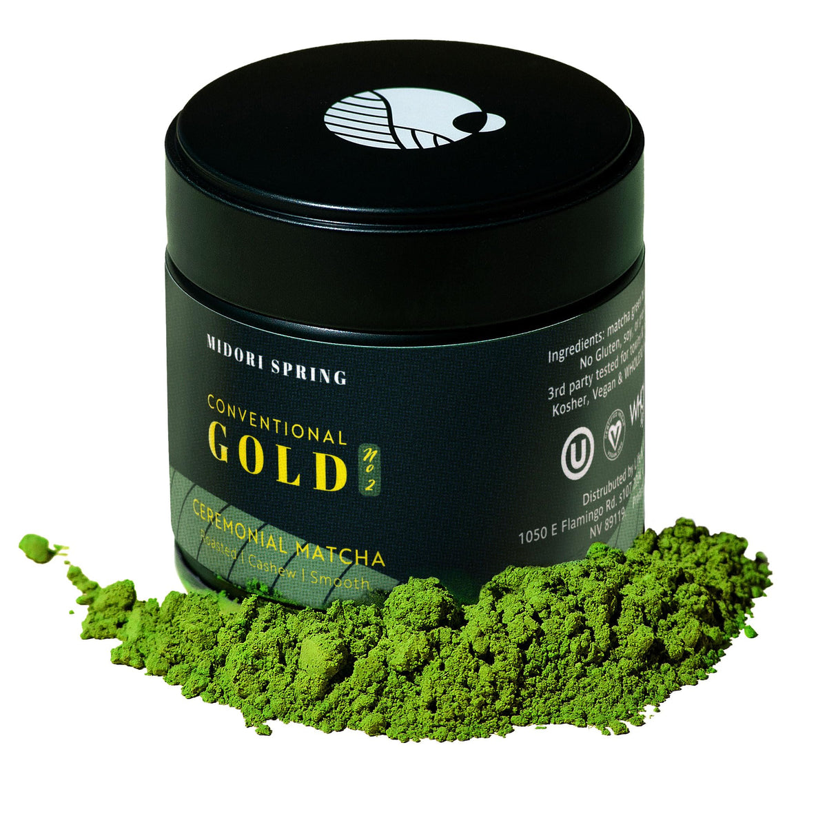 Midori Spring Gold No.2 ceremonial matcha packaging tin showcasing premium Kyoto sourcing and smooth aroma.