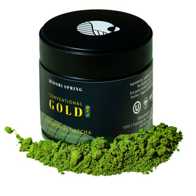 Midori Spring Gold No.2 ceremonial matcha packaging tin showcasing premium Kyoto sourcing and smooth aroma.