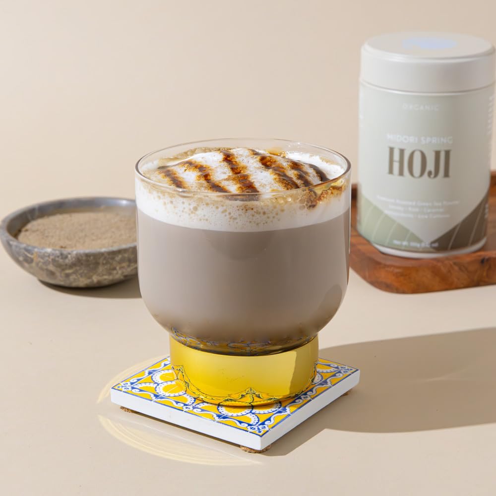 Midori Spring Hojicha packaging on shelf showing vegan, non-GMO promise