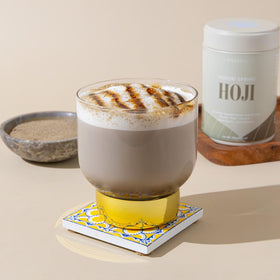 Midori Spring Hojicha packaging on shelf showing vegan, non-GMO promise