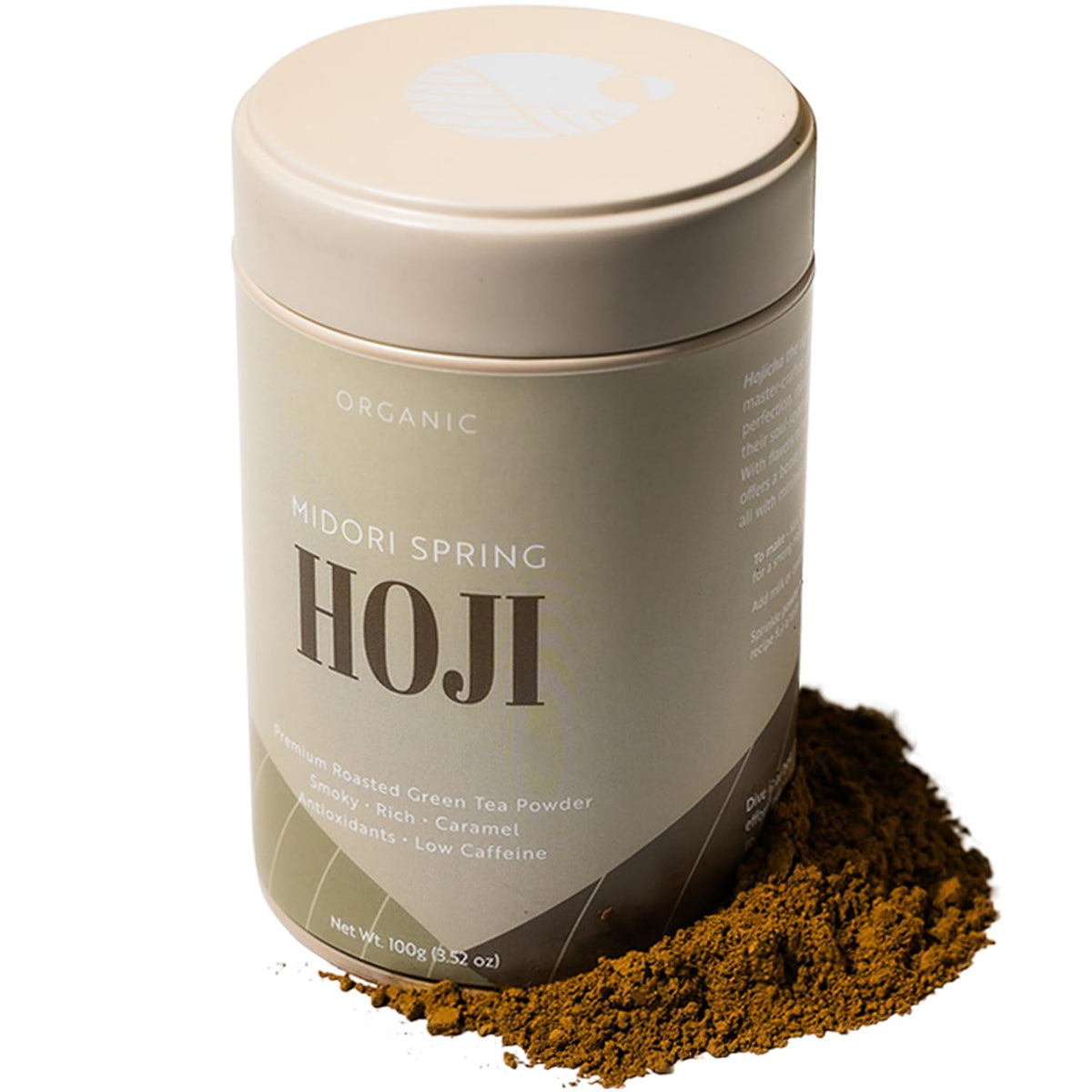 Midori Spring Hojicha powder closeup with scoop for rich roasted flavor