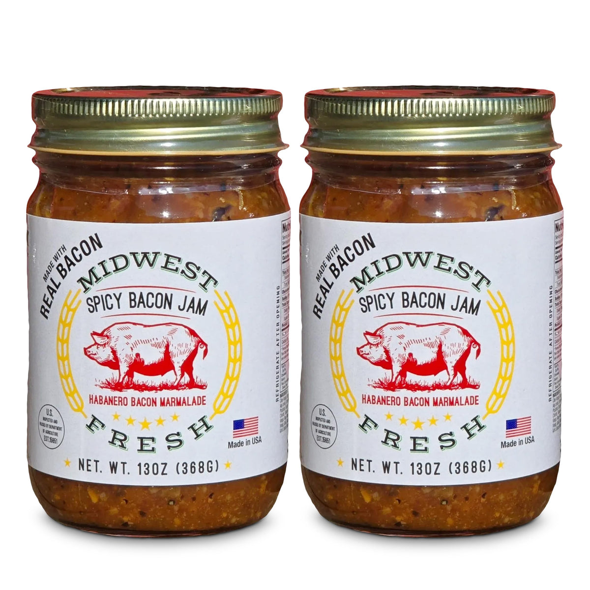 Midwest Fresh Spicy Bacon Jam bottle pouring, a smoky-sweet glaze for burgers