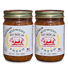 Midwest Fresh Spicy Bacon Jam bottle pouring, a smoky-sweet glaze for burgers