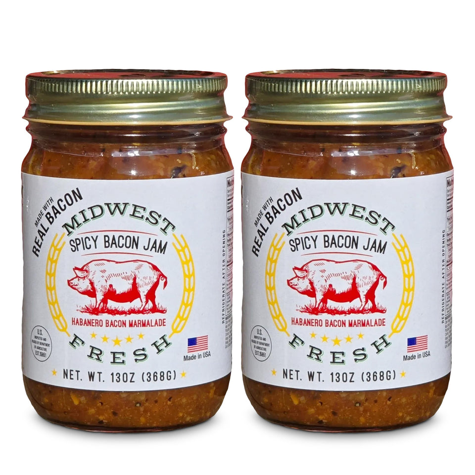 Midwest Fresh Spicy Bacon Jam bottle pouring, a smoky-sweet glaze for burgers