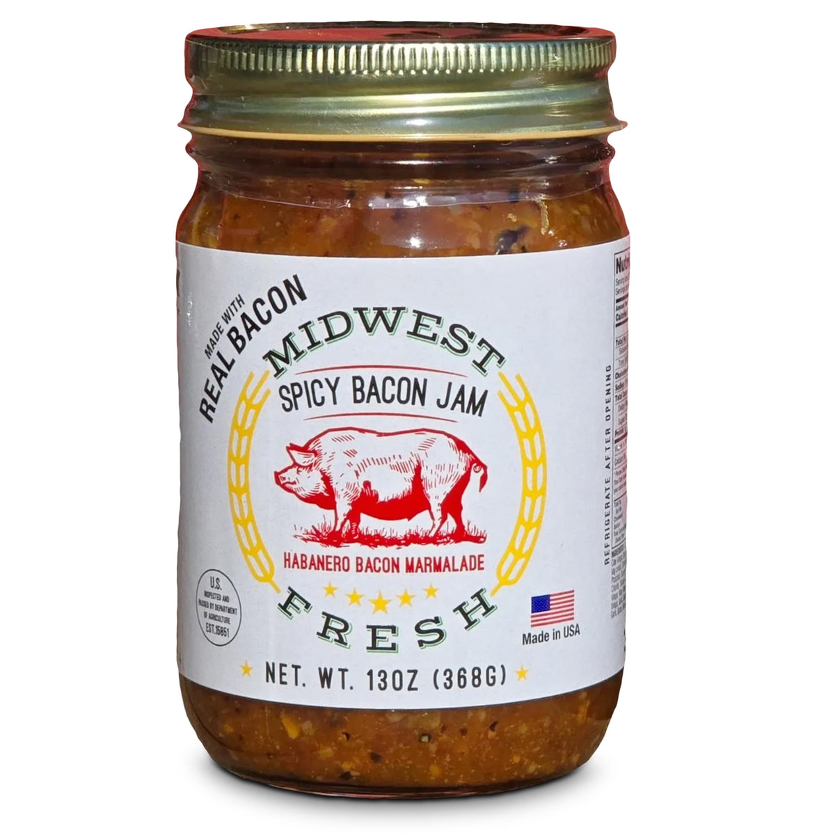 Midwest Fresh Spicy Bacon Jam jar closeup highlighting caramelized onions and heat