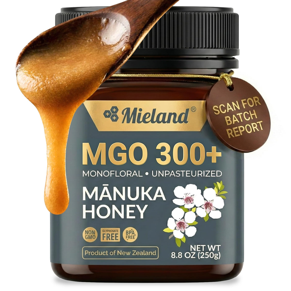 MIELAND Manuka honey jar close-up showing rich texture for daily use.