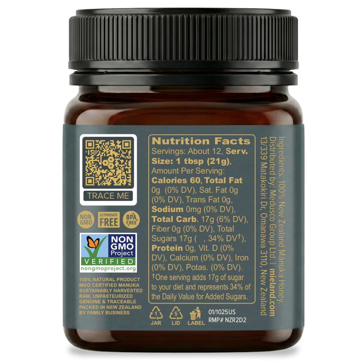 MIELAND Manuka honey lid with QR code emphasizing full traceability.