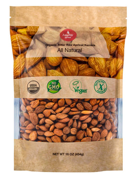 Mighty Apricot packaging displays USDA Organic bitter apricot kernels, ideal for pantry storage.