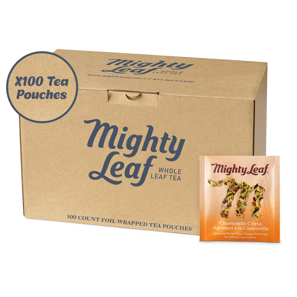 Mighty Leaf Chamomile Citrus packaging showcasing premium herbal blend for calm evenings.