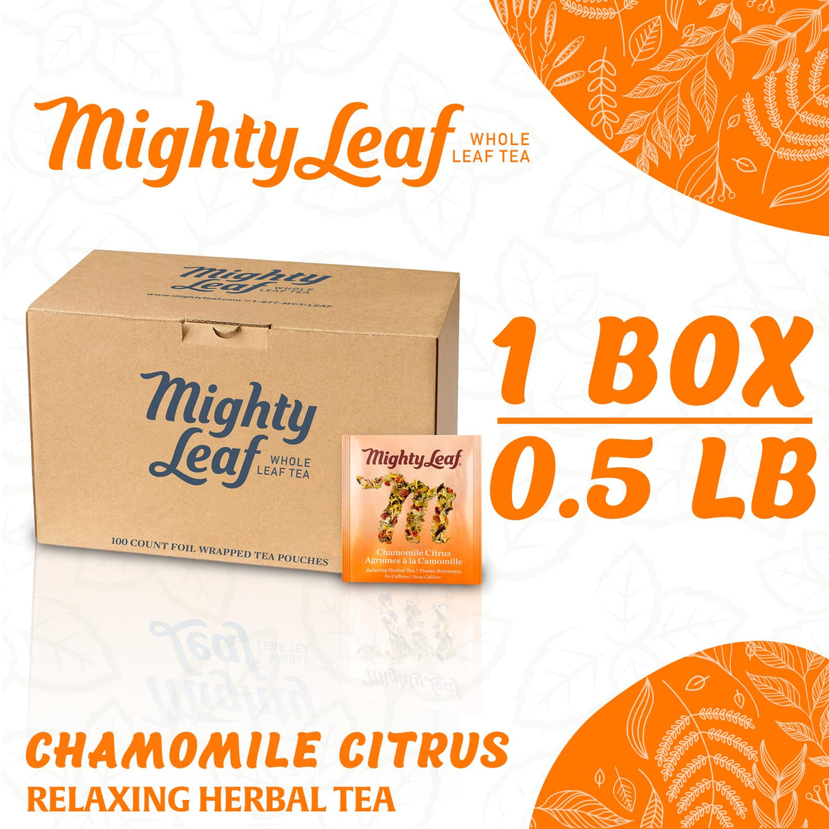 Mighty Leaf Chamomile Citrus tea pouches front view ready for brewing, promoting calm moments.