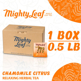 Mighty Leaf Chamomile Citrus tea pouches front view ready for brewing, promoting calm moments.