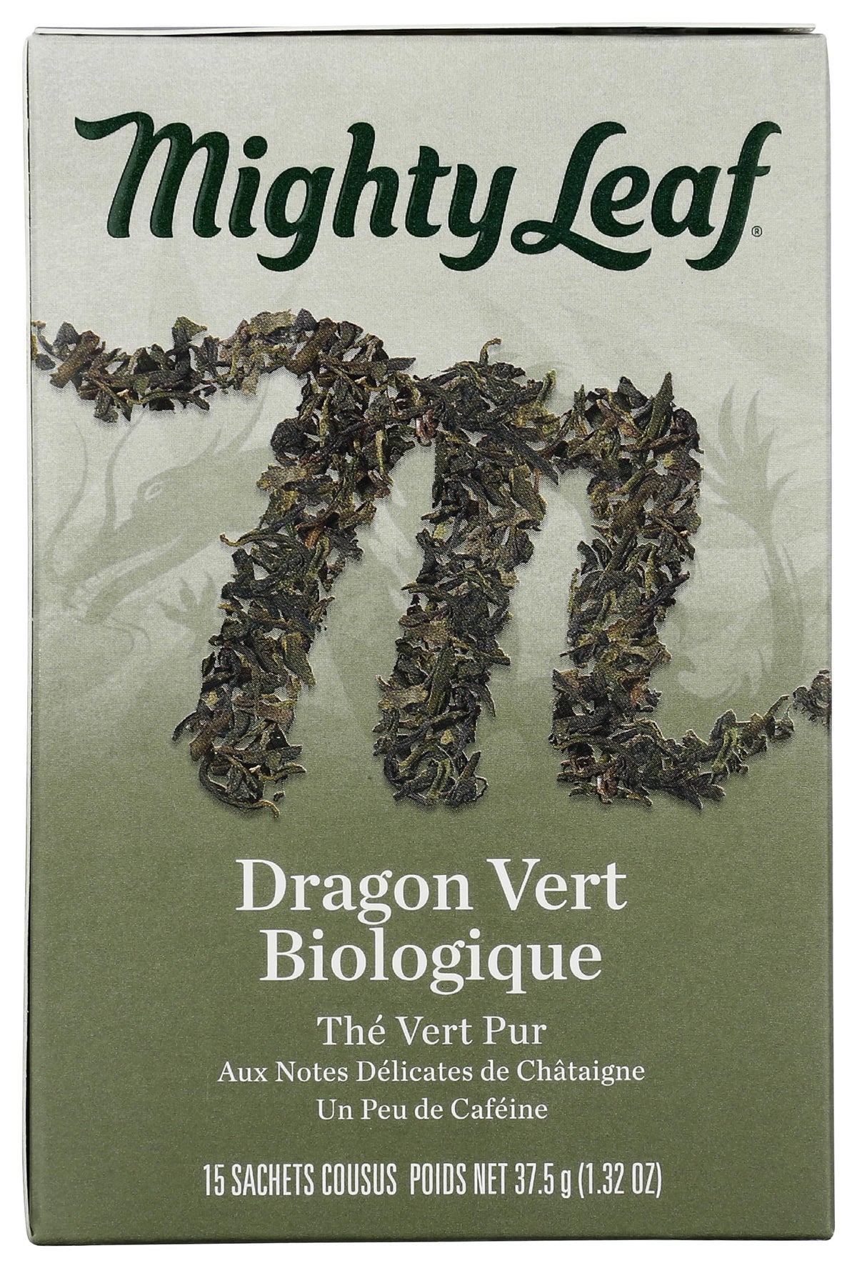 Mighty Leaf Green Dragon flat leaf tea closeup highlights chestnut aroma.