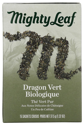 Mighty Leaf Green Dragon flat leaf tea closeup highlights chestnut aroma.