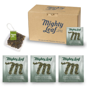 Mighty Leaf Green Dragon tea in a foil-wrapped pouch delivering fresh, smooth flavor.
