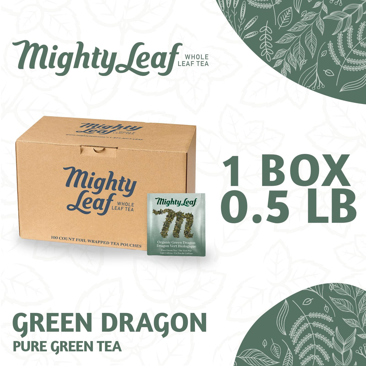 Mighty Leaf Green Dragon whole-leaf tea in silk pouch for fuller infusion.